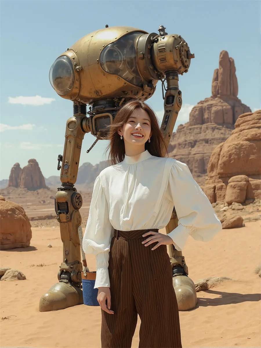 

Shirts Women Long Lantern Sleeve Vintage O-Neck Half High Collar Japanese Style Fashion Button Front Simple Basic Minimalist