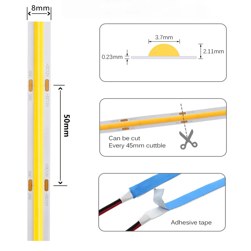 COB LED Strip Ánh Sáng 5V 12V 24V Mật Độ Cao Linh Hoạt BĂNG BĂNG 320 LEDs RA90 Trắng Tự Nhiên trắng 4000K Warm Trắng Thay Đổi Độ Sáng 8MM