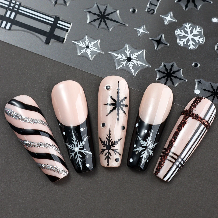 2 uds copo de nieve pegatinas navideñas para decoración de uñas negro blanco copo de nieve y líneas deslizadores de uñas de Navidad suministros de decoración de manicura DIY