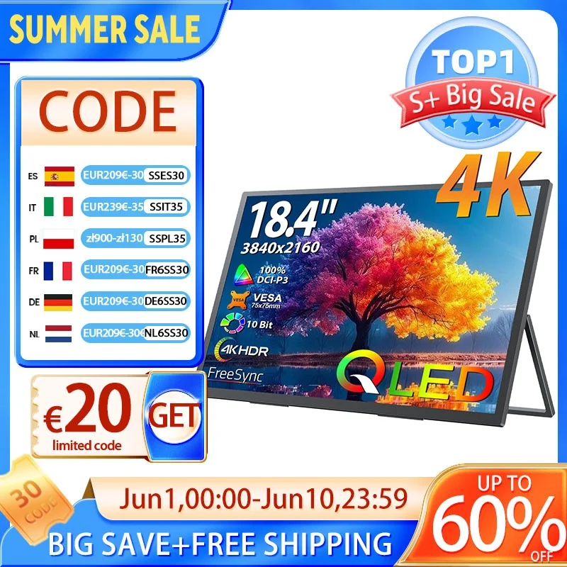 UPERFECT 18,4 pouces 4K QLED moniteur portable jeux 3840 * 2160 écran d'ordinateur FreeSync HDR ultra-mince prolonger écran pour PS5 / 4 commutateur PC portable Mac Xbox avec VESA régler le support