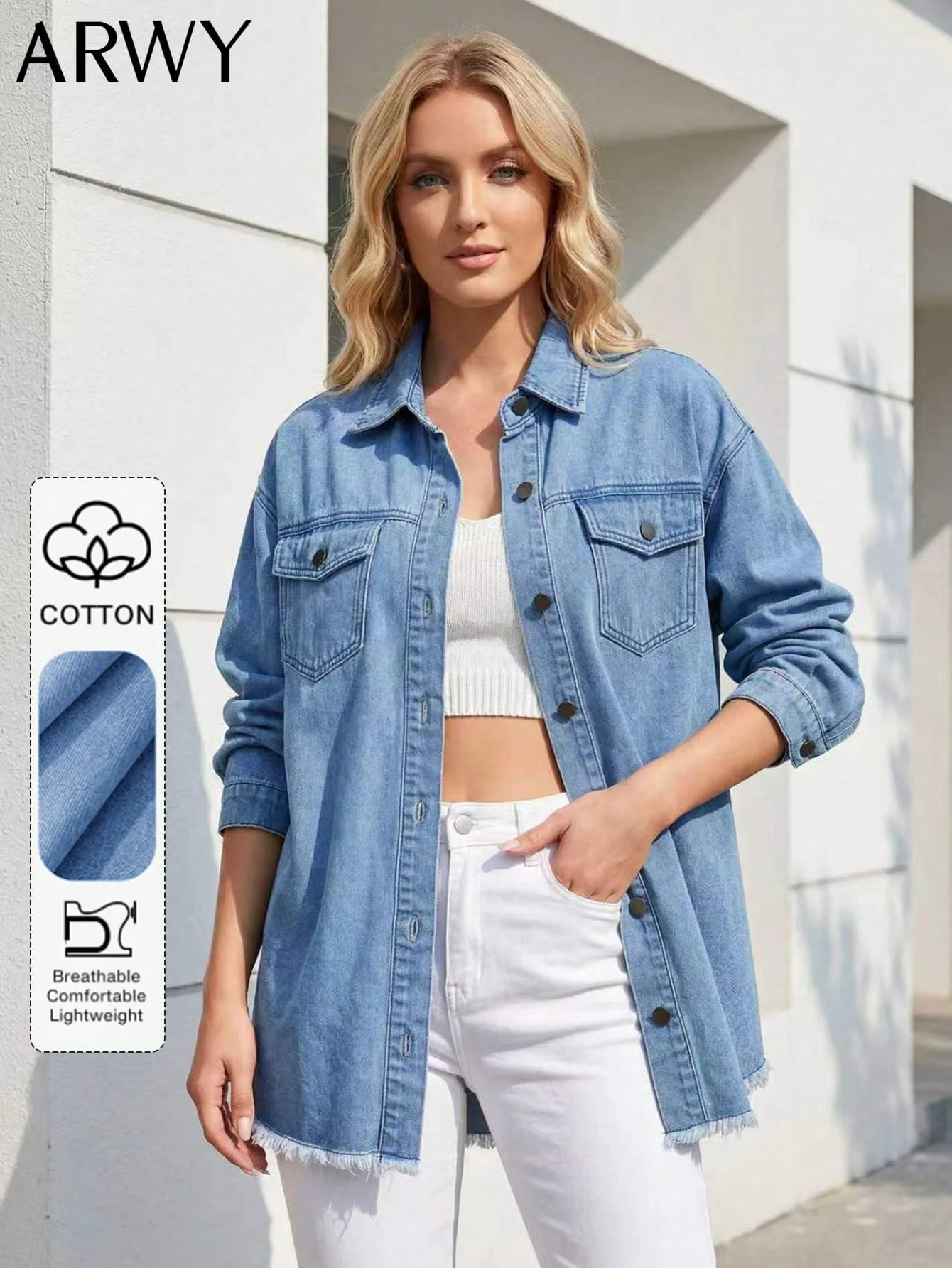 Women Oversized Denim Shirt Light Blue Cotton Button Down Jean Shacket Frayed Hem