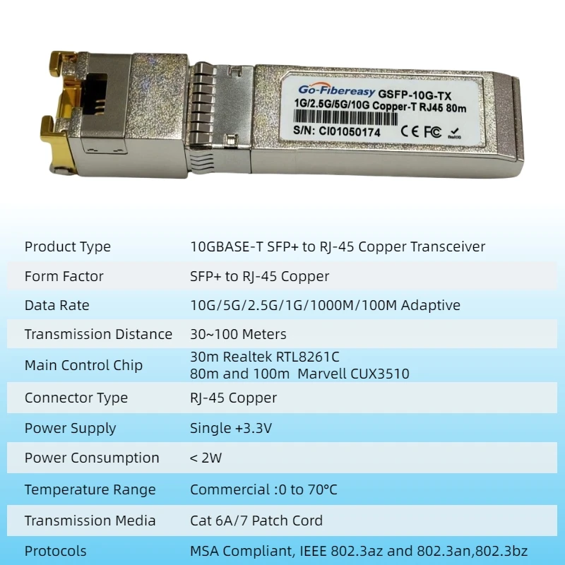 SFP 10Gb RJ45 Fiber Module 30m,80m,100m 1G/2.5/5/10G SFP+ to RJ-45 10GBase-T Transceiver For Cisco/Mikrotik/DELL/Intel Switch