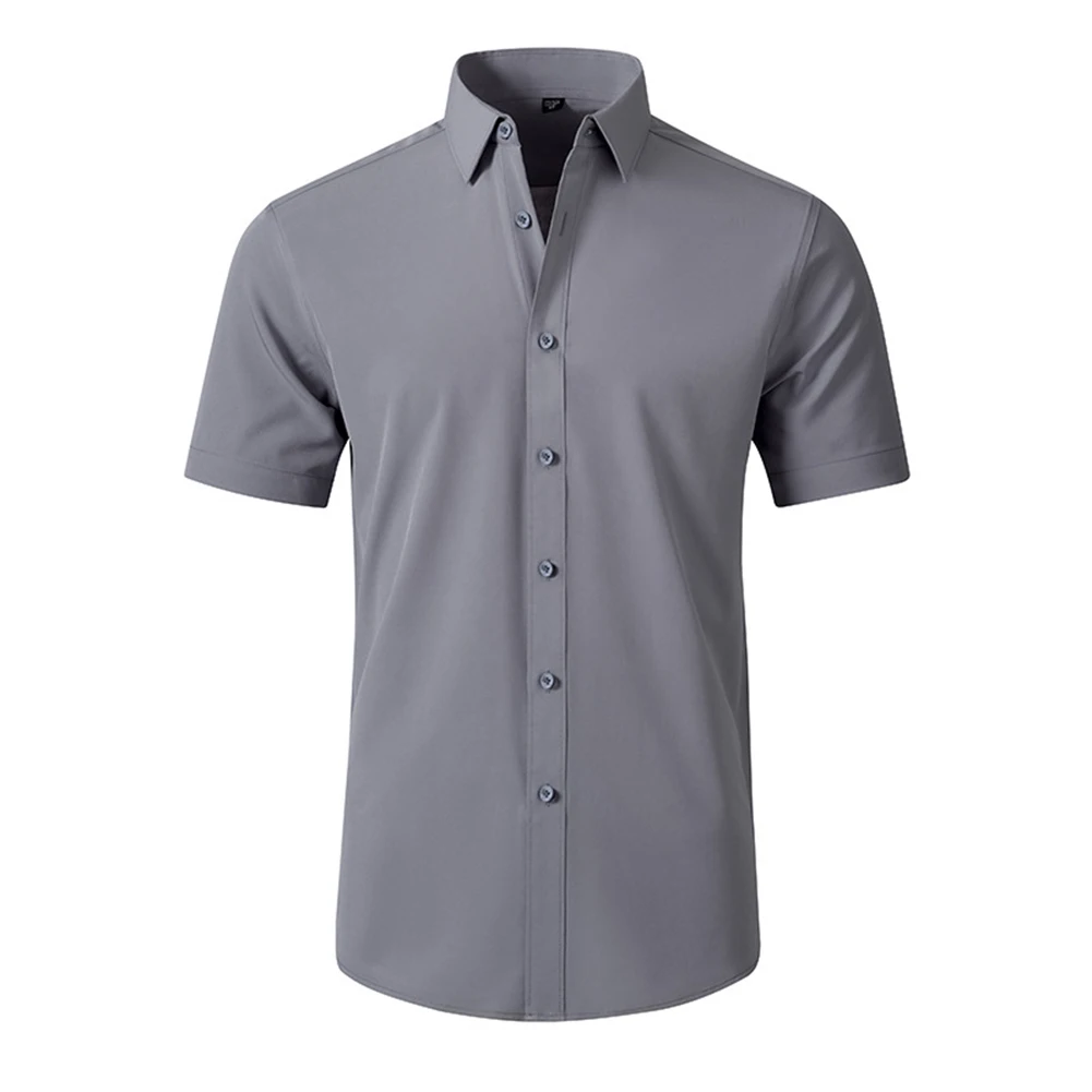 

Applicable Gender:Male Mens Summer Shirts Fashion Business Shirts Regular Length Short Sleeve Solid Color Turn-down Collar