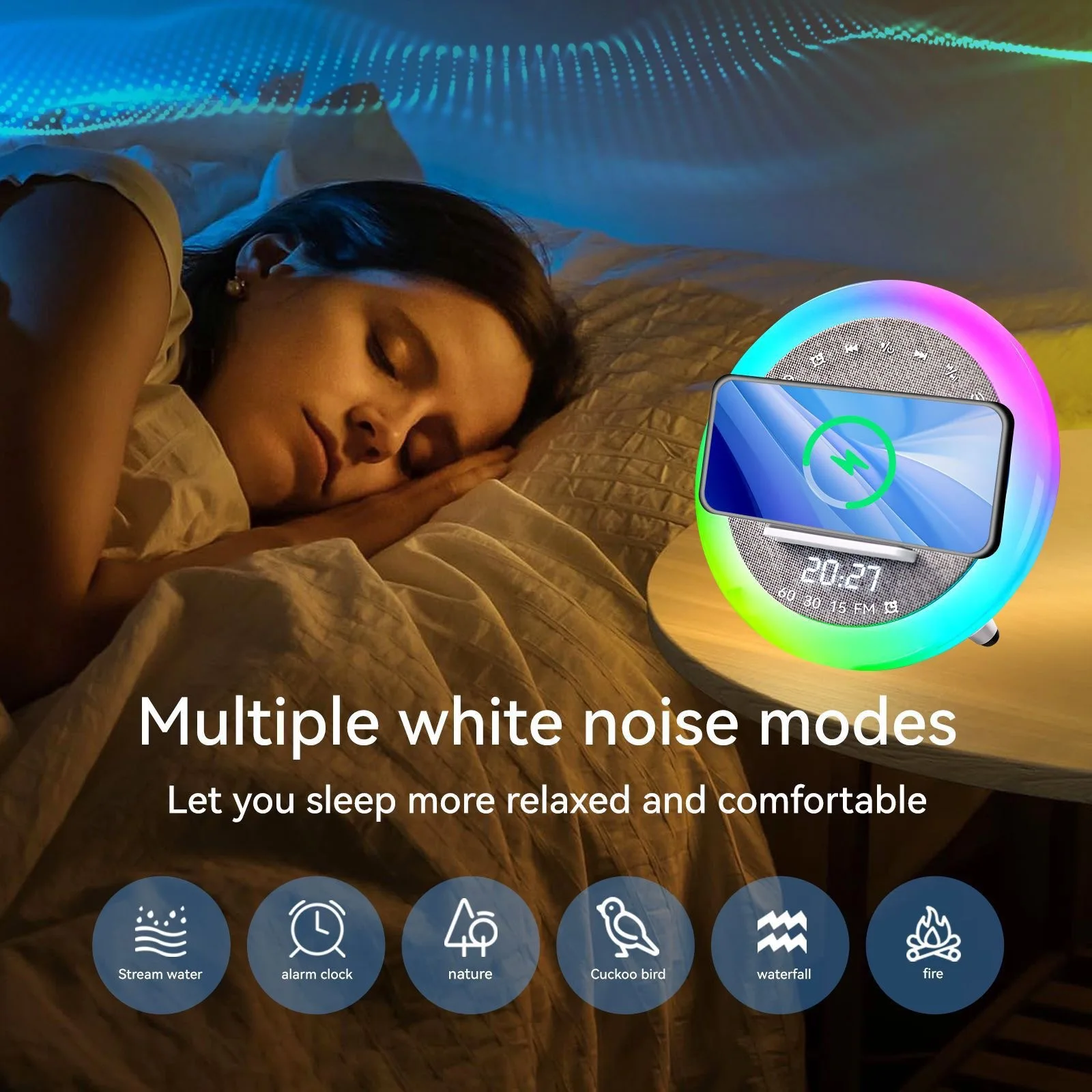 

Round RGB Night Light LED Display Clock Alarm Clock Timer Rechargeable Bluetooth White Noise Wireless Charging Bedside Light