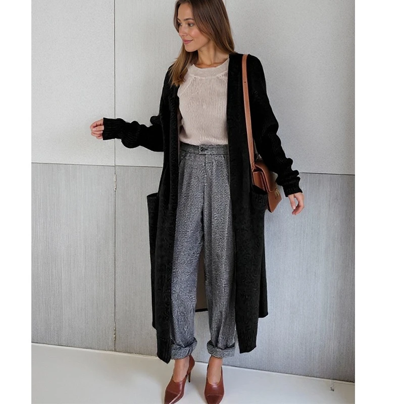

Autumn/winter New Korean Women's Long Knitted Cardigan Elegant Solid Color Long Sleeved Thick Sweater Jacket with Pockets