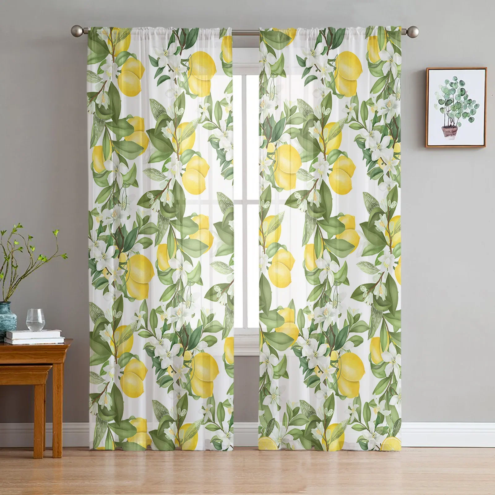 Summer Lemon Leaves Flowers Tulle Curtains For Living Room Kitchen Decoration Chiffon Window Treatments Voile Sheer Curtain