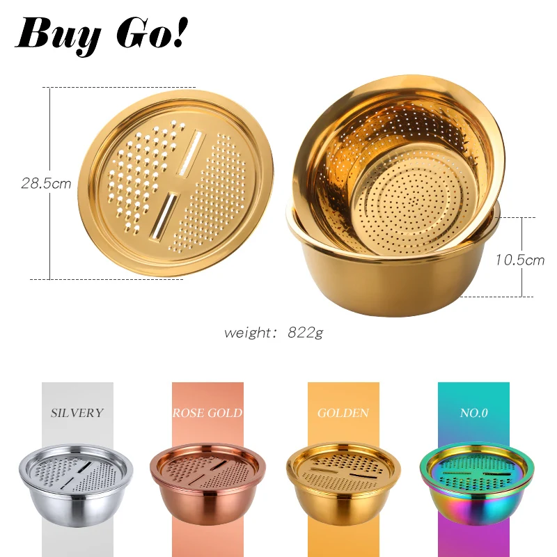 3PCS/Set Stainless Steel Gold Vegetable Slicer Potato Peeler Round Bowl Strainer Basket Set Kitchen Utensils Carrot Onion Grater