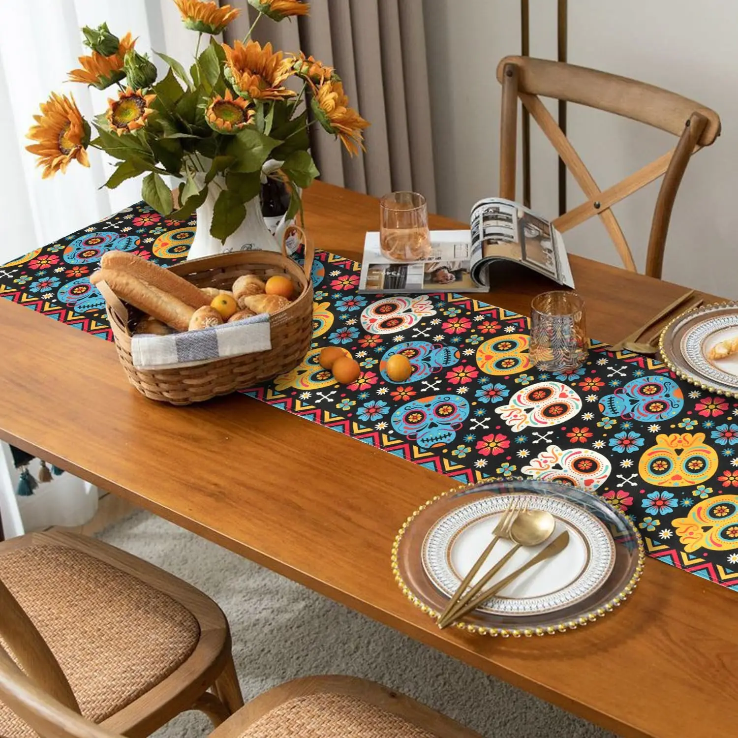 Mexican Day of The Dead Linen Table Runner Party Decor Fiesta Dia De Los Muertos Kitchen Dining Table Runner Party Decor
