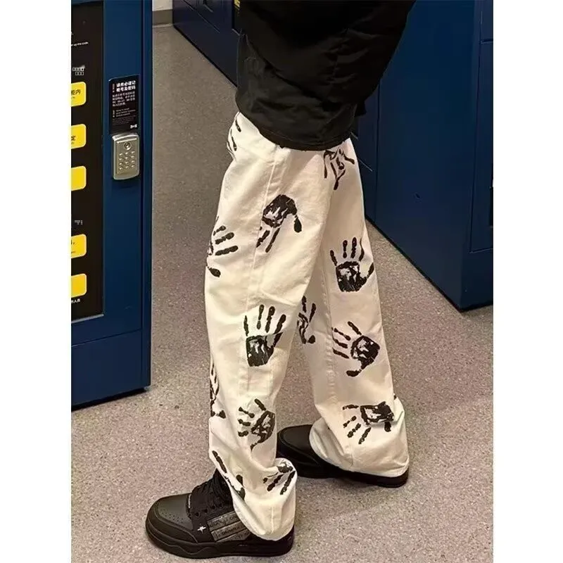 

White Palm Print Flared Straight Leg Jeans Cool Hip Hop Street Style Summer Casual Loose Fit Jeans for Teenagers