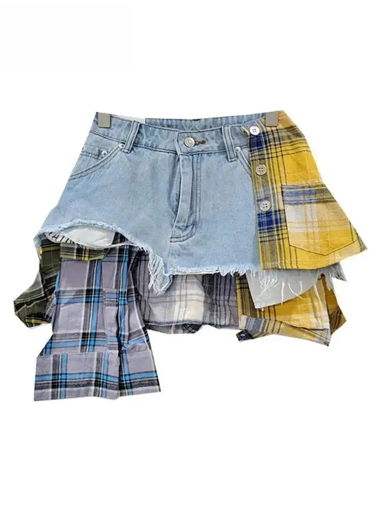 

Women's Denim Skirt Colored Plaid Patchwork Irregular Deconstructed A-line High Waist Mini Skirt Summer New Fashion
