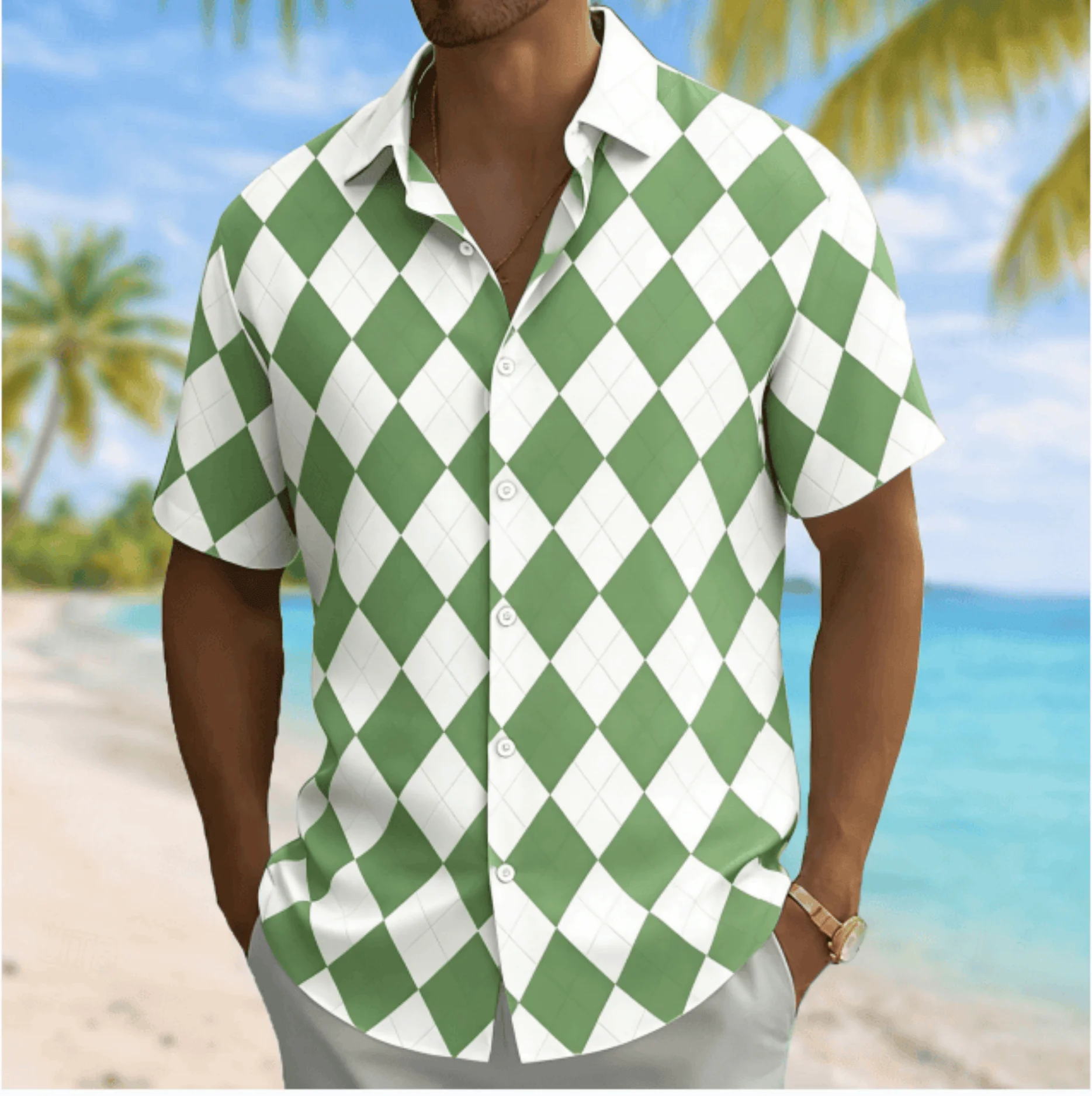 

Men's Argyle Print Short Sleeve Shirt, Spring Summer Casual Vacation Turn-Down Collar Blouse, Loose Fit Top