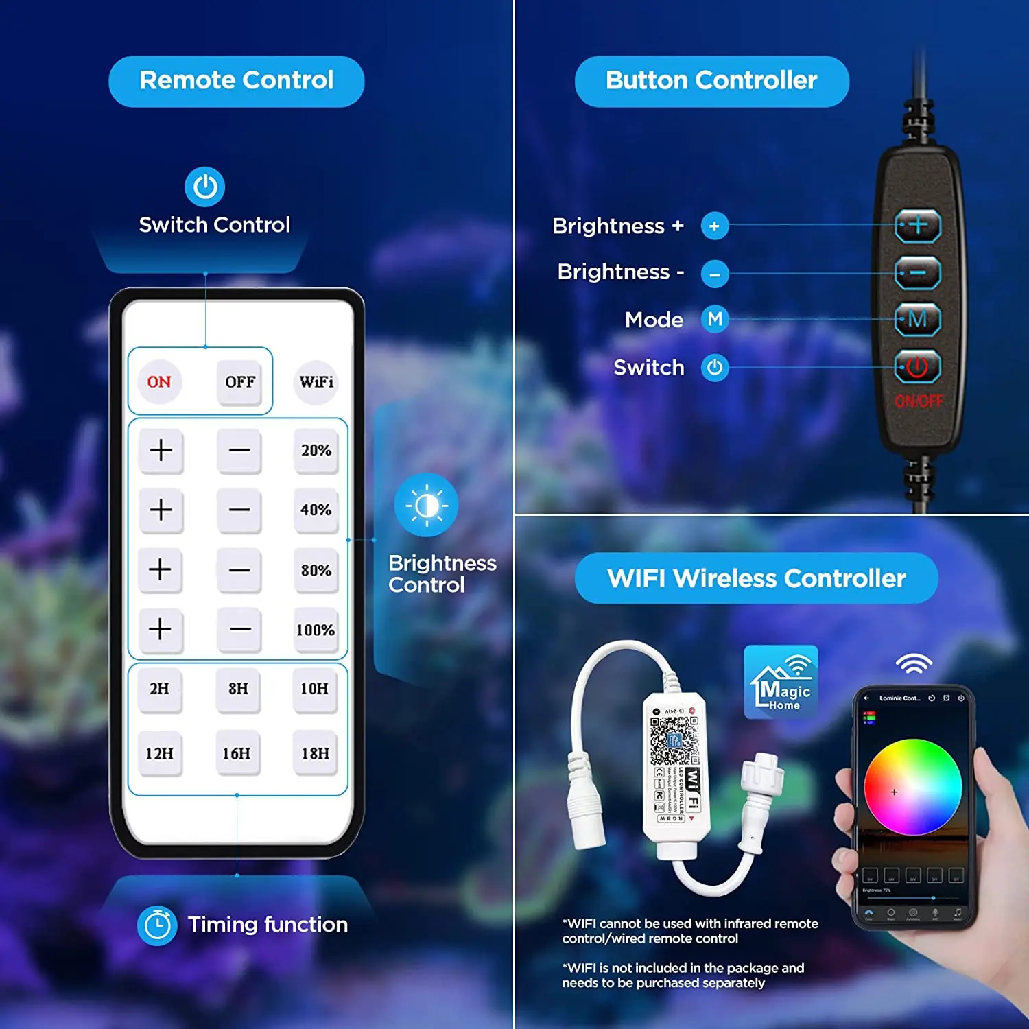 Lominie Pixie 30 WiFi and Remote Control Full Spectrum 30W Marine LED Reef Aquarium Light For Mini Coral Fish Tank