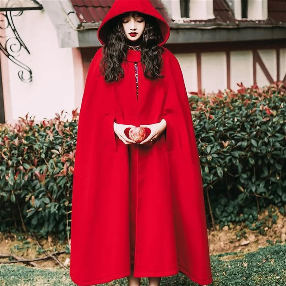 Red cape woolen coat women's coat retro hood cape long coat