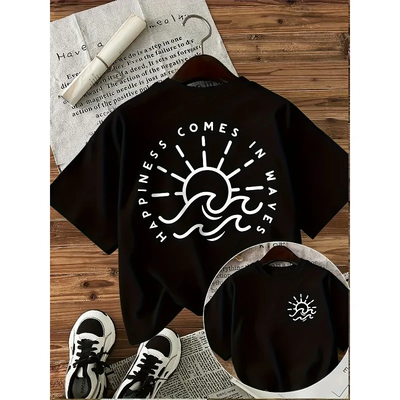 تي شيرت كاجوال للفتيات برقبة دائرية مع طباعة شمس وموجة قابلة للعكس وشعار "السعادة" مريح لجميع المواسم