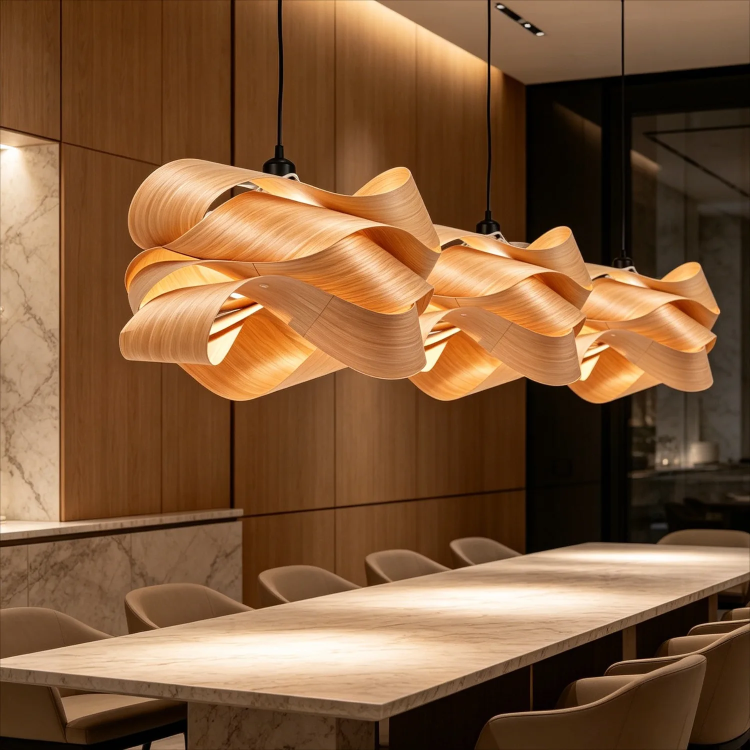 JOYINLED Nowoczesna Drewniana Lampa Wisząca 45CM Kreatywna Lampa Wisząca z Falistym Wzorem do Salonu Sypialni Japandi Żyrandol E27