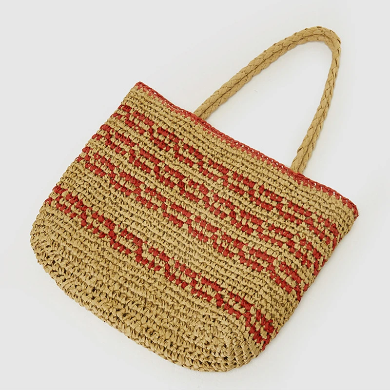 Vintage Striped Straw Tote Bag Casual Paper Woven Women Shoulder Bags Handamde Summer Beach Bag Large Bali Shopper Purses 2023