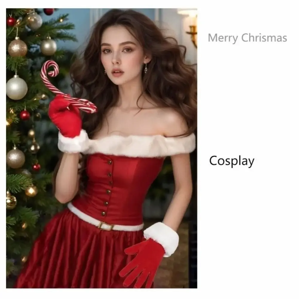 Thickened Christmas Gloves Warm Red Velvet Full Finger Gloves White Fur Trim Soft Santa Claus Gloves Fancy Dress Party