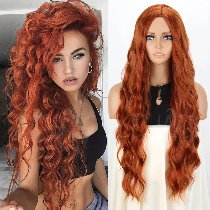 Long Curly Wavy Synthetic Wigs For Women Orange Hair Wigs Middle Part Heat Resistant Fiber Daily Party Use