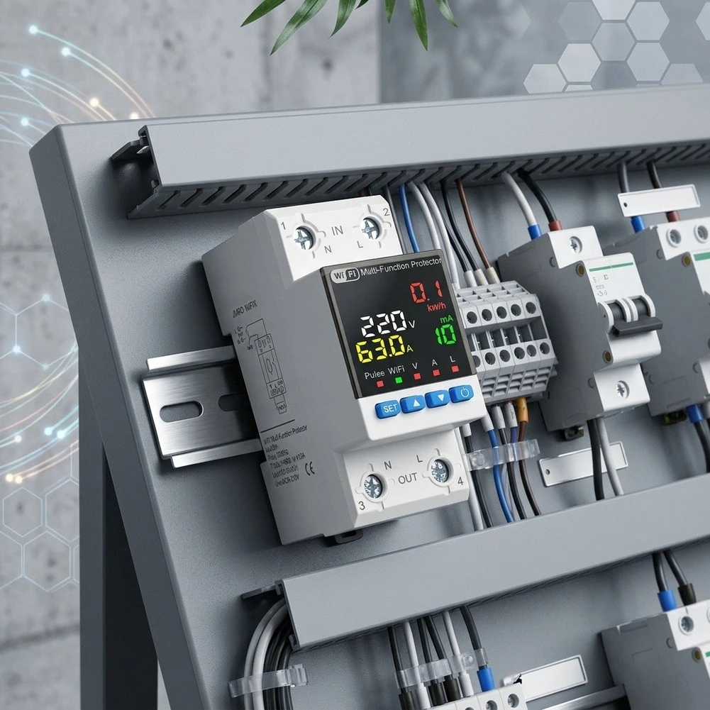 Over Under Voltage Protector with Auto Reclosing Current Monitoring and Energy Tracking for AC220V 63A Systems