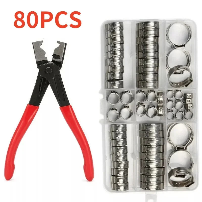 

80/45pcs Stainless Steel Single Ear Hose Clampen Assortment Hose Clamp Set With Red Dust Cover Clamp Bundle Plier