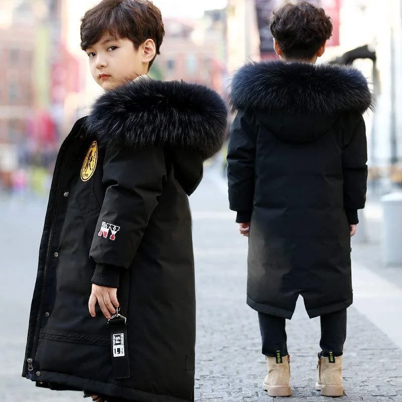 Trend gradual change boys cotton clothes medium and older children with bags hooded fleece thickened winter children jacket