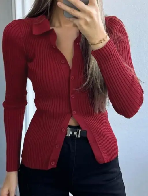 2026 우아하고 섹시한 가을 겨울 캐주얼 심플 단색 긴팔 셔츠 풀오버 탑 울 여성 의류
