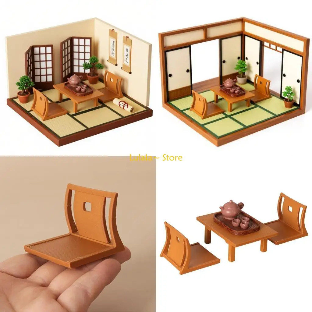 Y4QA Realistic Japanese Styles Tea Set Miniature Tatamis Tea Table Chair Figure 1:12 Scale Model Furniture For Creative Doll
