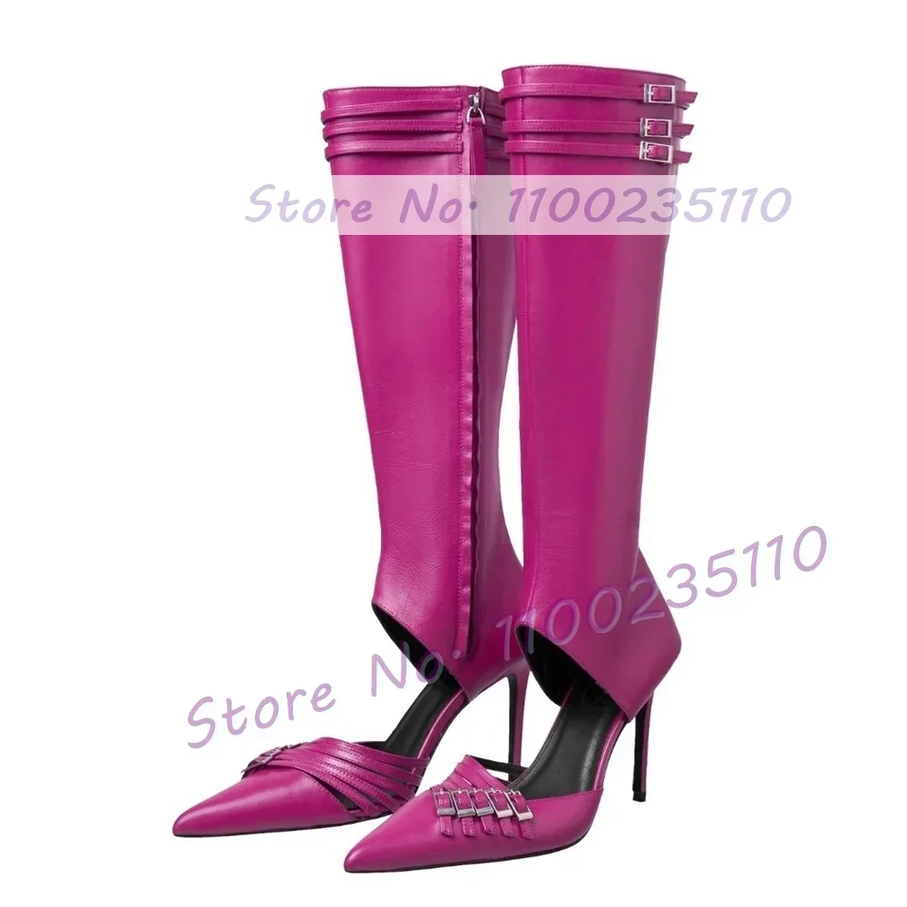 Red Multi Belt Buckles Cutout Knee High Boots Women Chic Gladiator Pointed Toe Sandal Boots Ladies Summer Sexy Puttee Heel Shoes