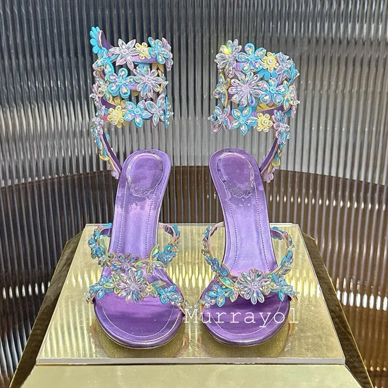 Sandalias Mujer Rhinestone Flower Decor Women Thin High Heels Elastic Strap Gladiator Sandals Summer Party Dress Fairy Shoes