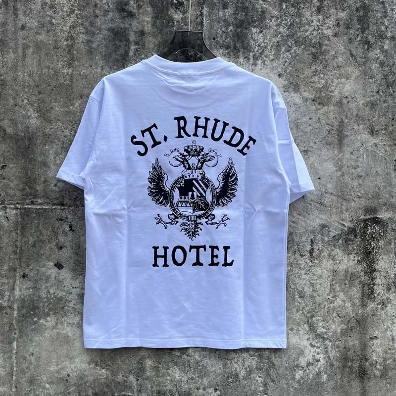 Hip Hop RHUDE Double Headed Eagle Wings Champion Badge Print T Shirt Men Women High Quality High Street Loose Short Sleeve Tops