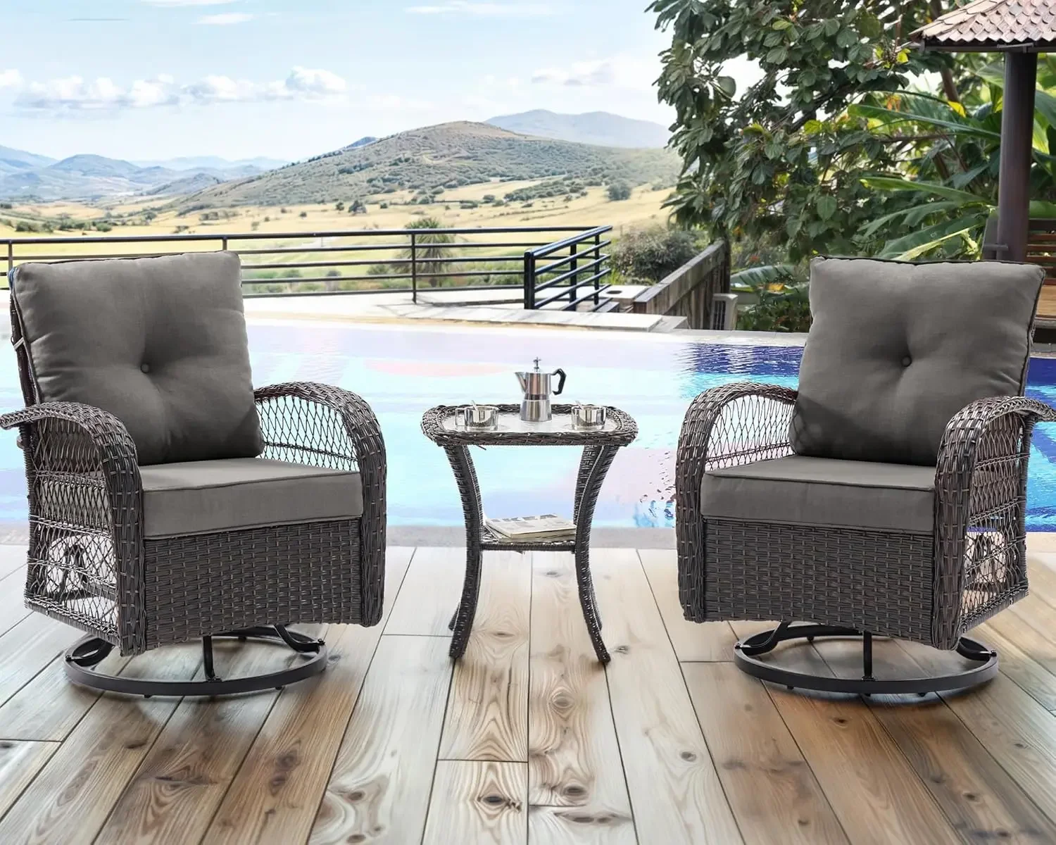 3 Pieces Patio Furniture Set, Outdoor Swivel Gliders Rocker, Wicker Patio Bistro Set , Glass Top Side Table.