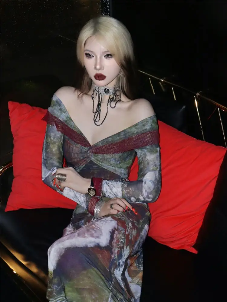 Goth Punk Unique Trendy Off-the-shoulder Long Sleeves Retro Oil Painting Print Dress Women Y2K Clothes 2000s Long Dress Sexy New