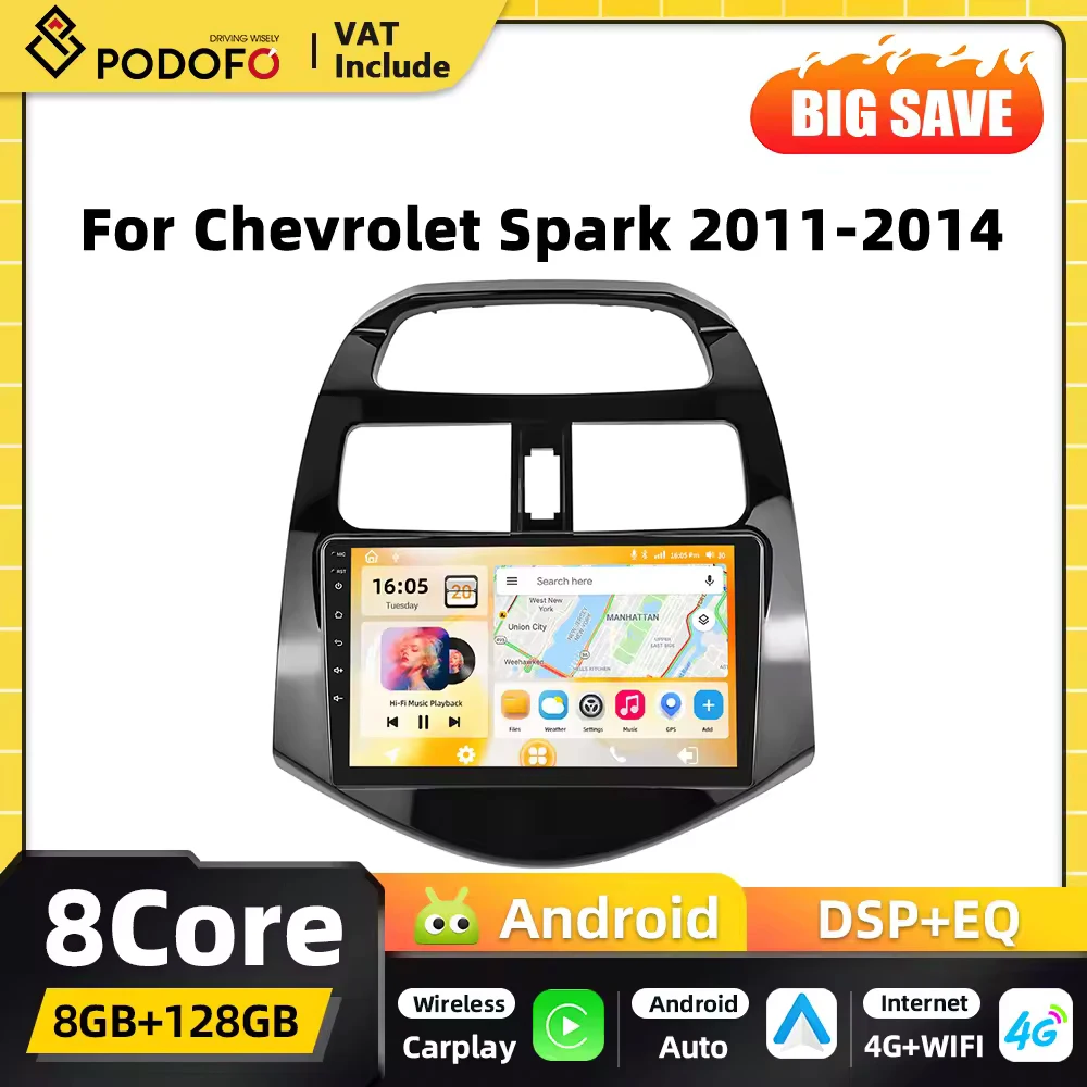 Podofo – lecteur multimédia Android 2DIN sans fil, 8 cœurs, Carplay, pour Chevrolet Spark 2011 – 2014, Navigation GPS, autoradio FM RDS