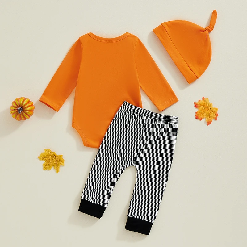 SXYPAYXS-3PCS Baby Boys Halloween Outfits Long Sleeve Letter Print Romper Pumpkin Embroidery Pants Hat Sets Baby Clothes