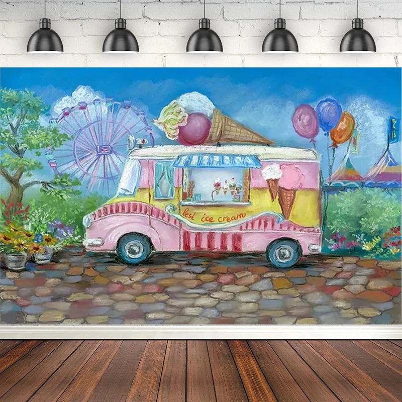 

Обои с мороженым, фон для фотосъемки, воздушный шар, колесо обозрения, детский постер на день рождения, фон, баннер, фотостудия