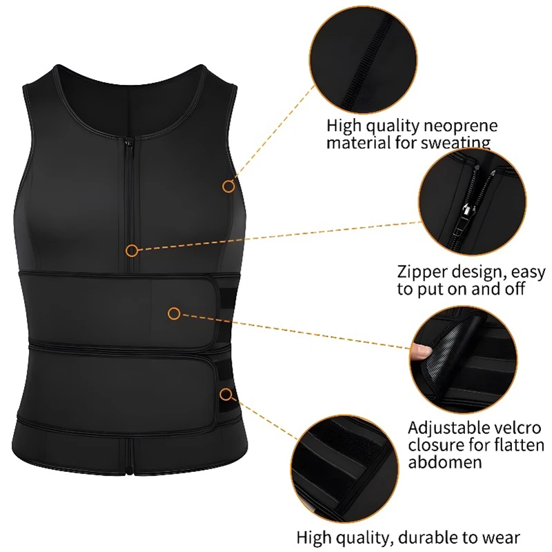 Men\'s Waist Trainer Sauna Vest Weight Loss Body Shaper Sweat Vest for Men with Double Belt and Zipper, Corset Plus Size