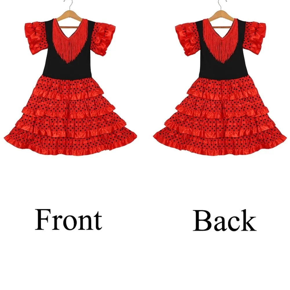 

Fashion Tassel Spanish Dance Dress Short Sleeve Dot Design Children Skirt Classic Traditional Gypsy Dress Carnival