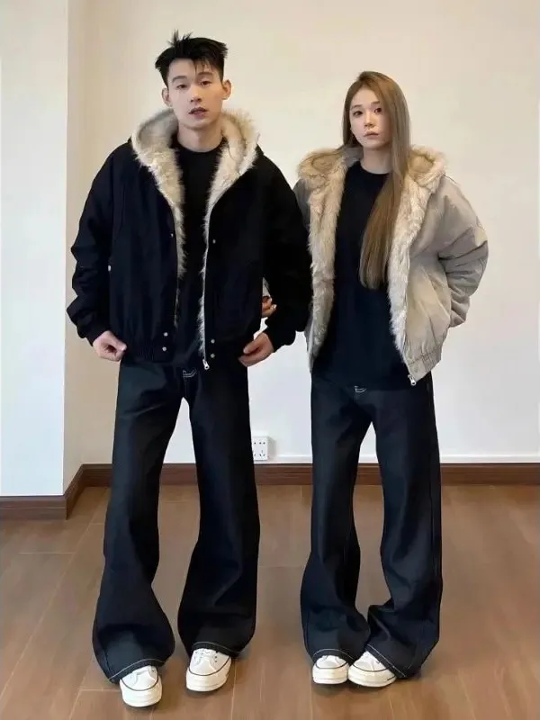 

High Quali Large Size 300 Pou Autumn Winter Versatile Faionable Hooded Fur Collar Cotton Jaet Men Women Casual Warm ...