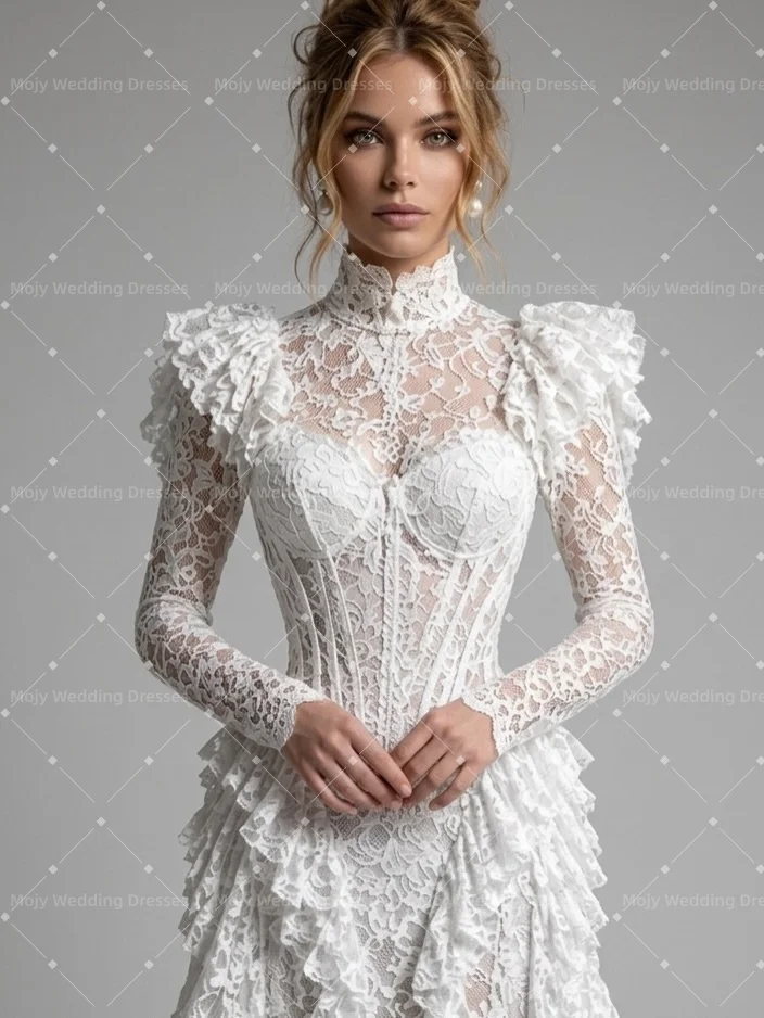 Mojy 2026 Lace Wedding Dresses High Collar Flower Decal Long Sleeves Mermaid Bridal Gown Bohemian wind Saudi Dress Dubai