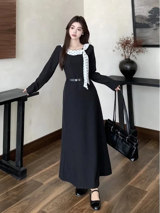 

Новое женское платье больших размеров в горошек, А-силуэт, длинное, осенне-зимнее, с завышенной талией, в корейском стиле, для офиса