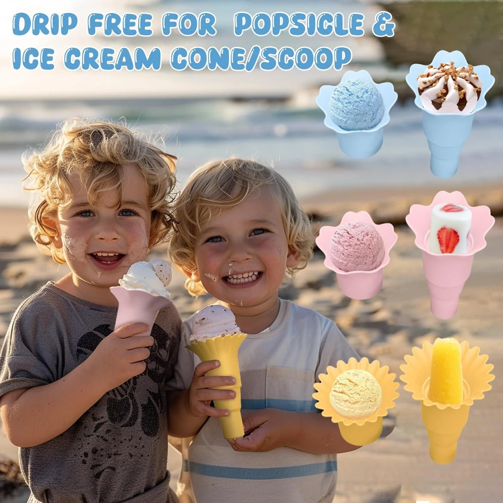 Multi-Functional Ice Cream Cup, 3Pcs Silicone Popsicle Holders molds for Kids, Ice Cube Trays With Lid, Foldable Snack Cups