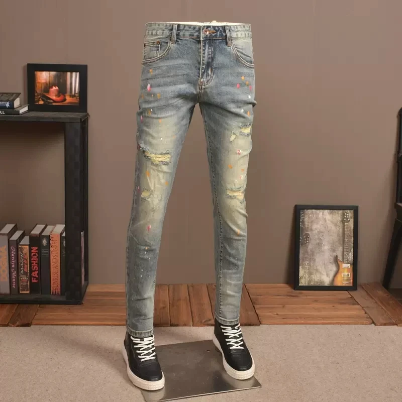 Street Fashion Männer Jeans Retro Waschen Elastische Slim Fit Zerrissene Jeans Männer Loch Hosen Vintage Designer Gemalt Denim Hosen Hombre