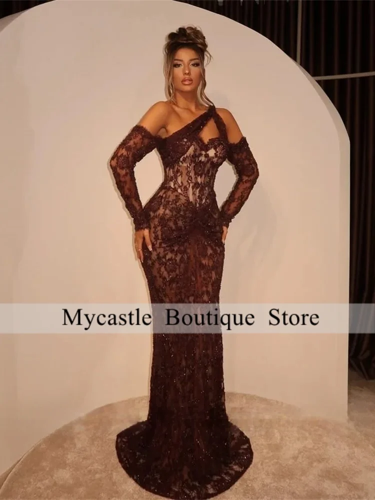 

Сексуальное кружевное роскошное женское вечернее платье на одно плечо 2021, Дубайское платье знаменитости с длинными рукавами, платье русалки по индивидуальному заказу