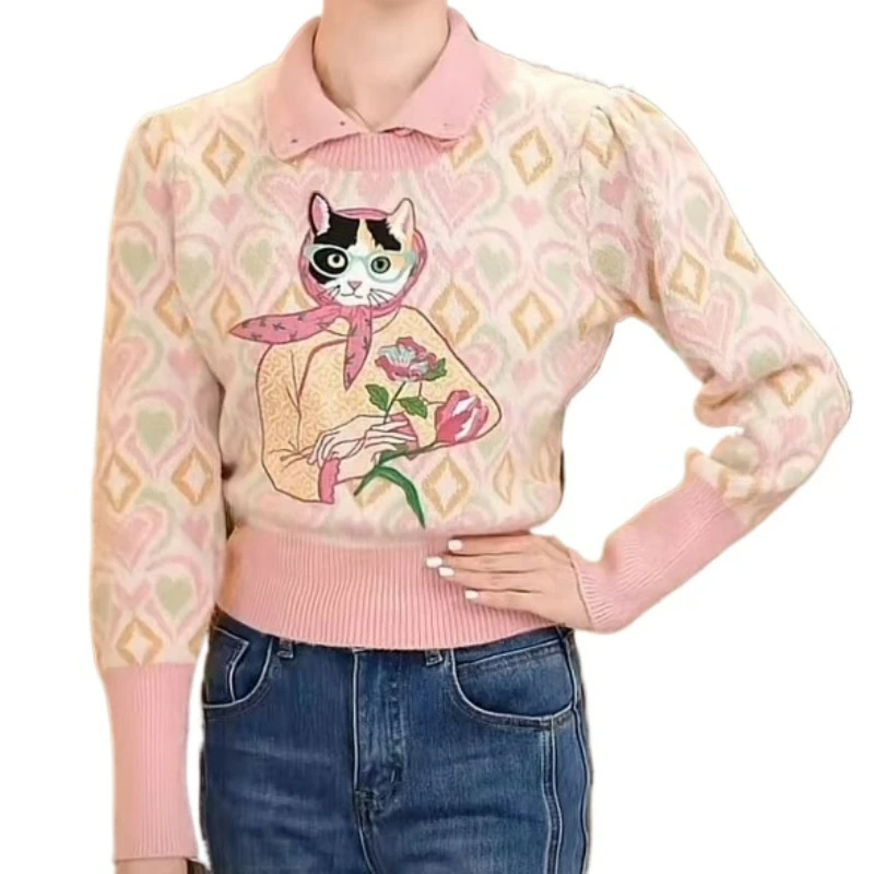 Autumn/Winter Cartoon Cat Embroidered Pullover with Diamond Check Jacquard Long-sleeved Pink Sweater Half Turtleneck Sweater Top