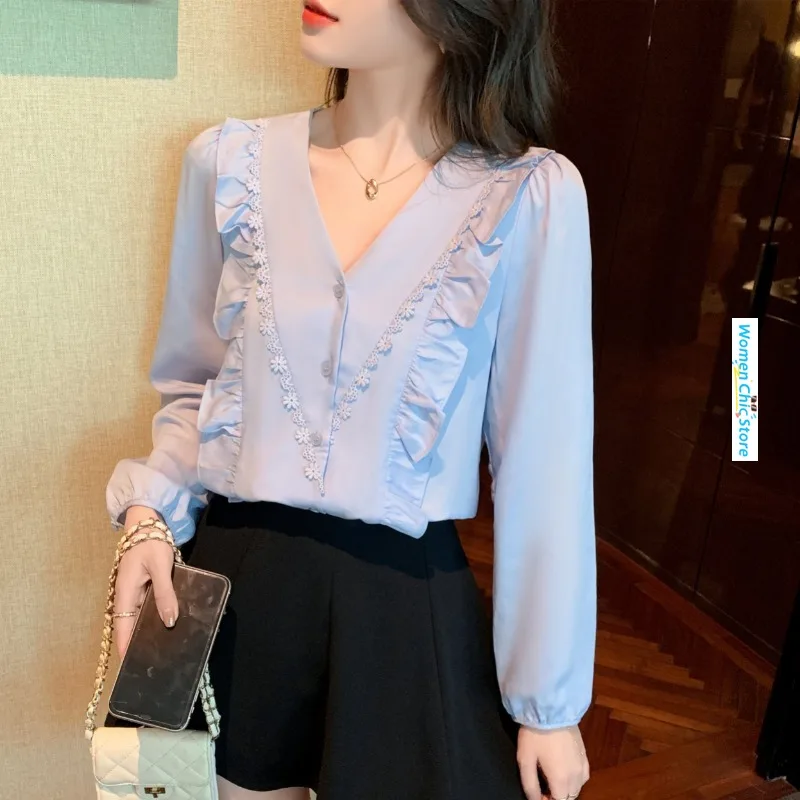 

V-neck Lace Ruffles Spliced Long Sleevekorean Style Blue Shirt Women Tops Spring Autumn Elegant Chic Loose Blouses Camisas 6400