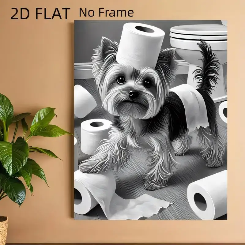 2D Flat No Frame, Funny Yorkshire Terrier & Toilet Paper Black White Wall Art - Humorous Bathroom/Home Decor, Perfect for Toilet