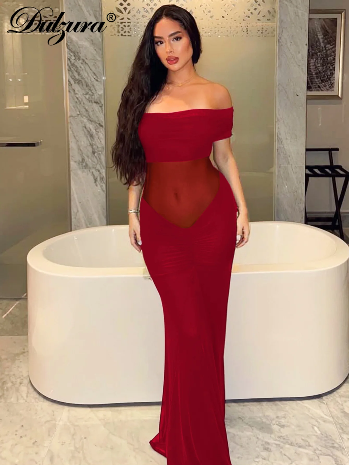 Dulzura ปิดไหล่แขนกุด Backless Slim Ruched SHEER ตาข่าย Patchwork Maxi ชุดเซ็กซี่ Elegant Dress PARTY Club ชุด