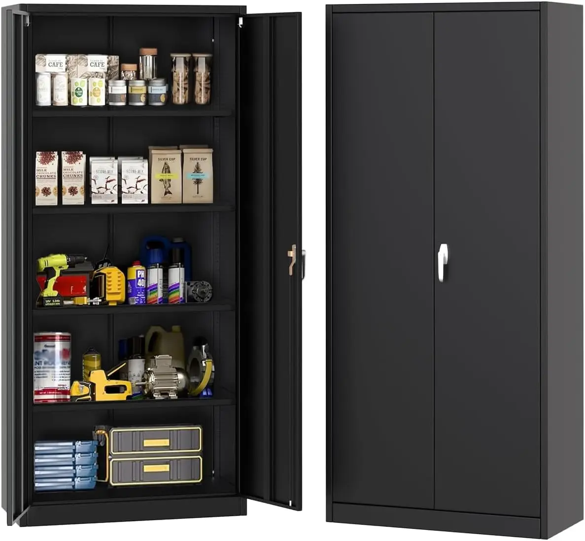 Metal Storage Cabinet with Lock Tool Cabinet Storage Cabinet Floor-to-Ceiling Courtyard Cabinet with 4 Adjustable Shelves and 4 Adjustable Feet for Home, Garage, Office, Shop