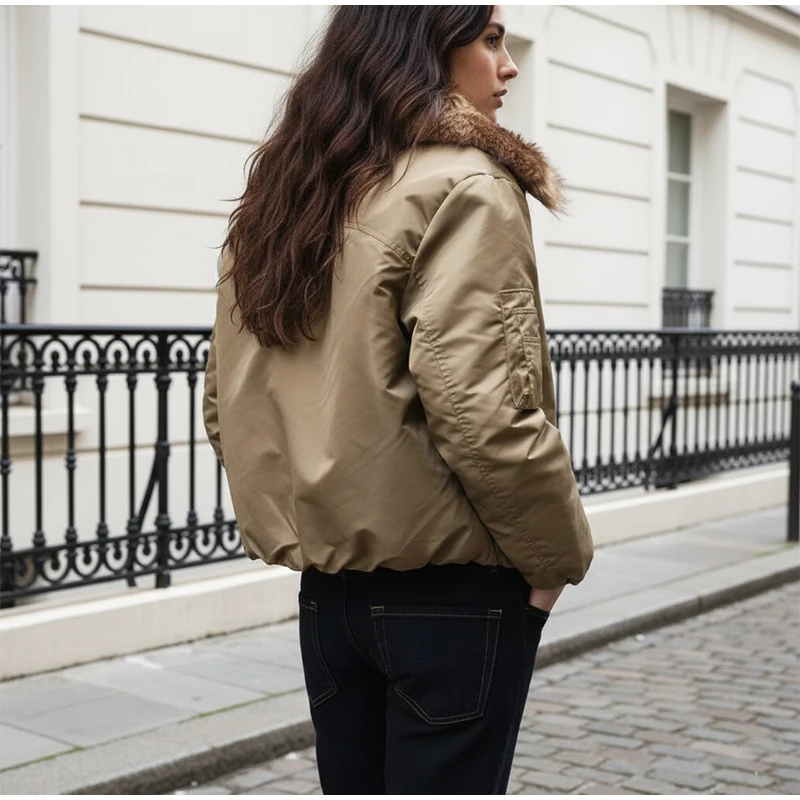 سترة قصيرة برباط وياقة من الفرو سترة غير رسمية متينة وأكمام طويلة وسحاب فضفاض للنساء سترات دافئة 2025 ملابس خارجية للتنقل في الشتاء #4