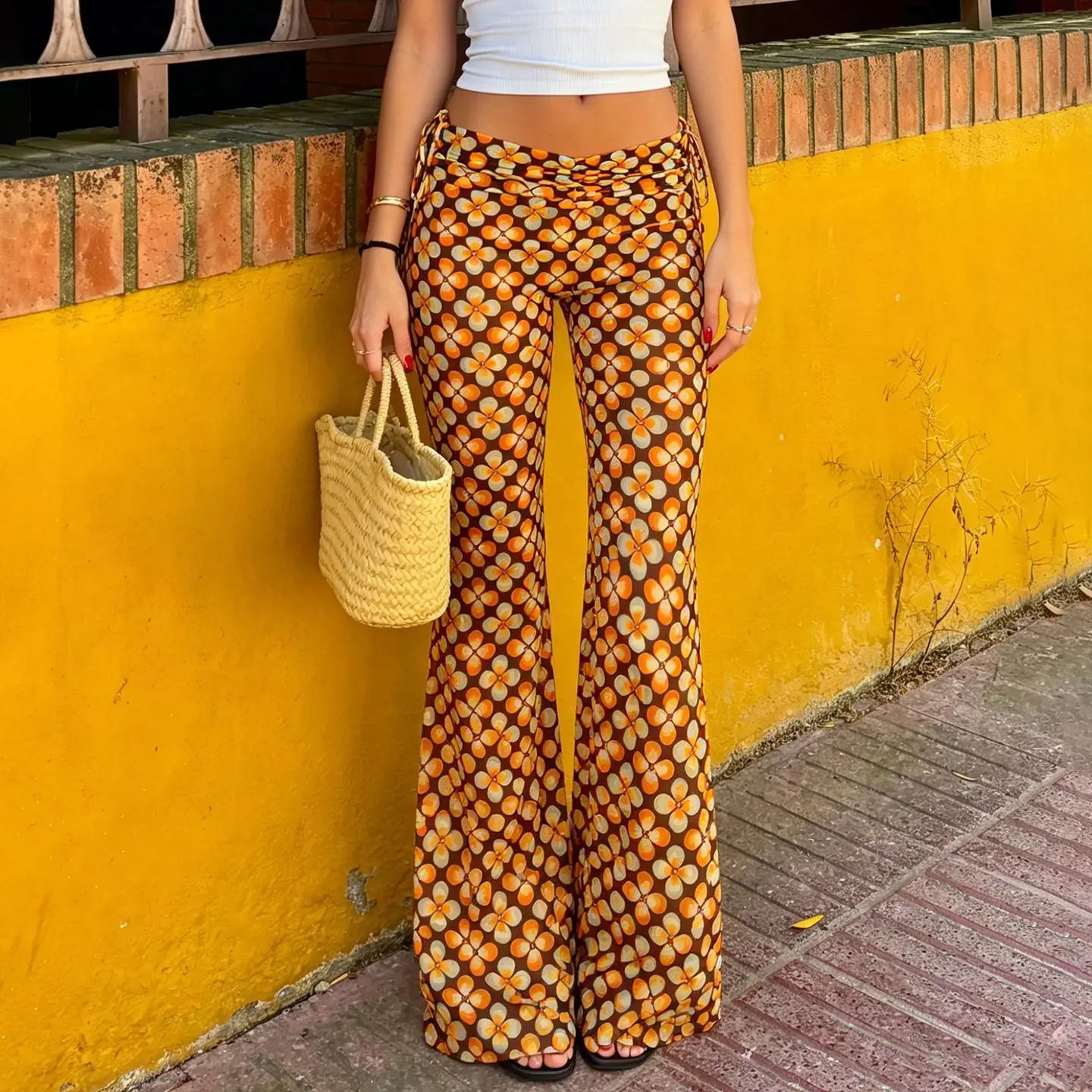 American Resort Style Floral Print Bootcut Trousers for Women, Low-waist Slim Casual Pants, Flared Floor Mopping Pants